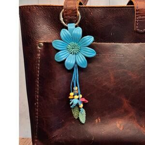 Blue Summer Daisy Purse Charm Genuine Leather Summer Flower Bag Charm NEW!